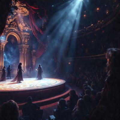 The primary subject of the image is a group of women performing on a stage. They are dressed in long black gowns and are standing in a circle, possibly dancing or singing. The setting is a theater, with a large audience watching the performance. The visual style is a photo, capturing the moment and the atmosphere is one of excitement and entertainment.